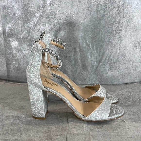Jewel Badgley Mischka Women's Silver-Tone Glitter Louise Rhinestone Sandals SZ10 - Picture 1 of 10